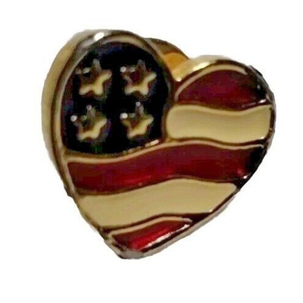 Avon Vintage Heart American Flag Lapel Pin Gold Tone Enamel Patriotic Stars‎